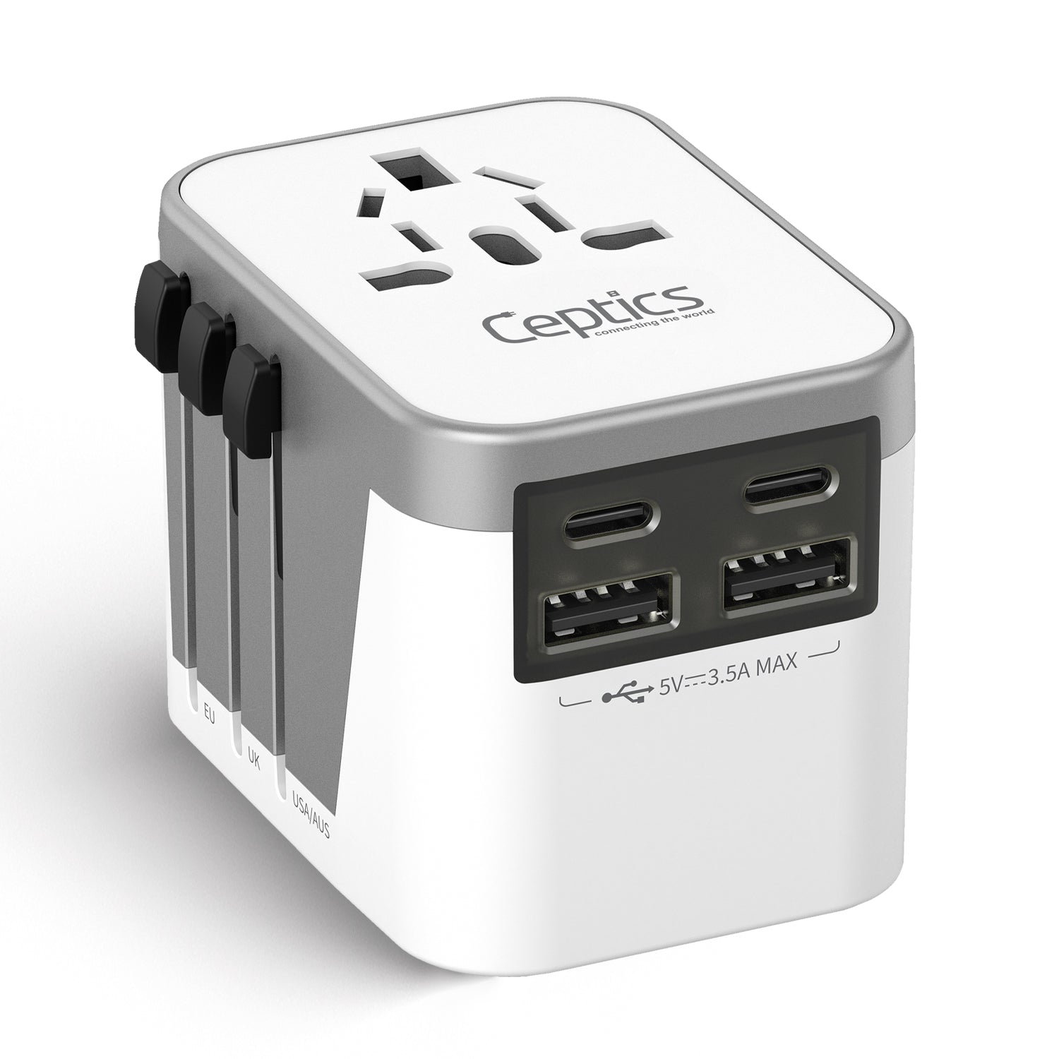 5 in 1 Universal Travel Adapter - 2 USB-A + USB-C - Max. 17.5W (3.5A) - White (UP-9KU)