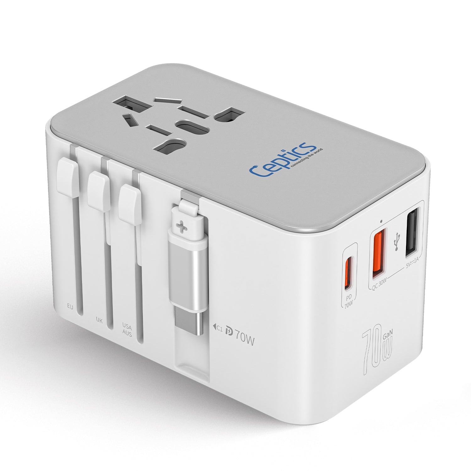 70W Universal Travel Adapter - 2 USB-C + 1 GaN 3.0 retractable cable, USB-C & 1 USB-C - (UP-70WC-WH)