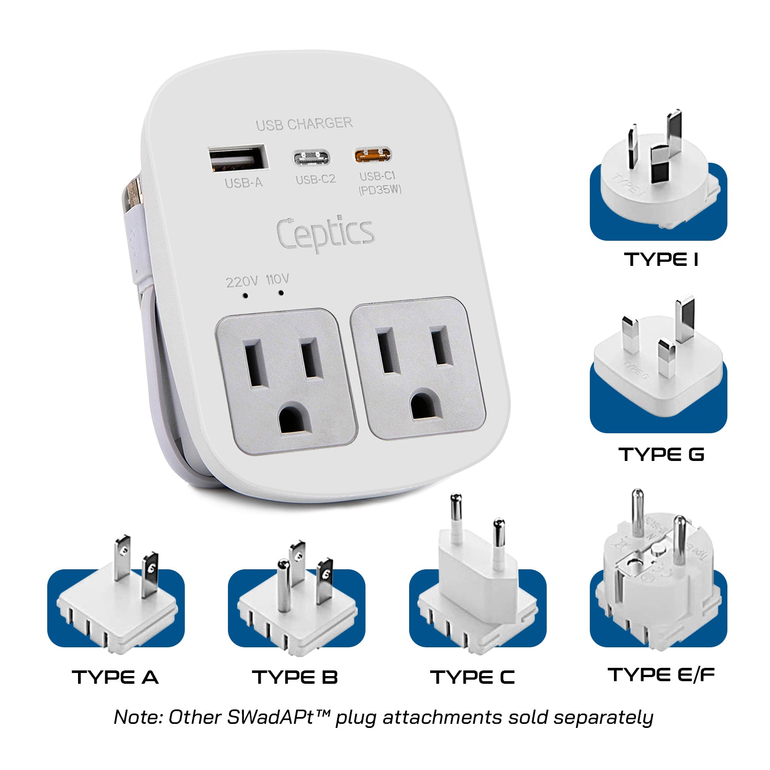 World-Way Travel Adapter Kit | 1 USB-A, 1 USB-C and 1 PD 35W USB-C por