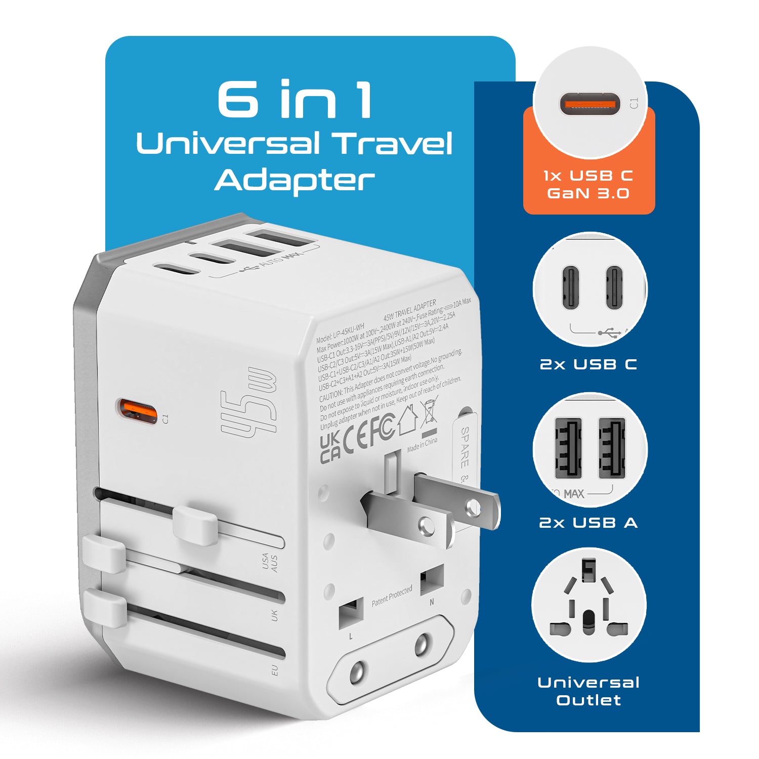 45W 6 in 1 Universal Travel Adapter - 2 USB-A + 3 USB-C - Max. 45W (9A