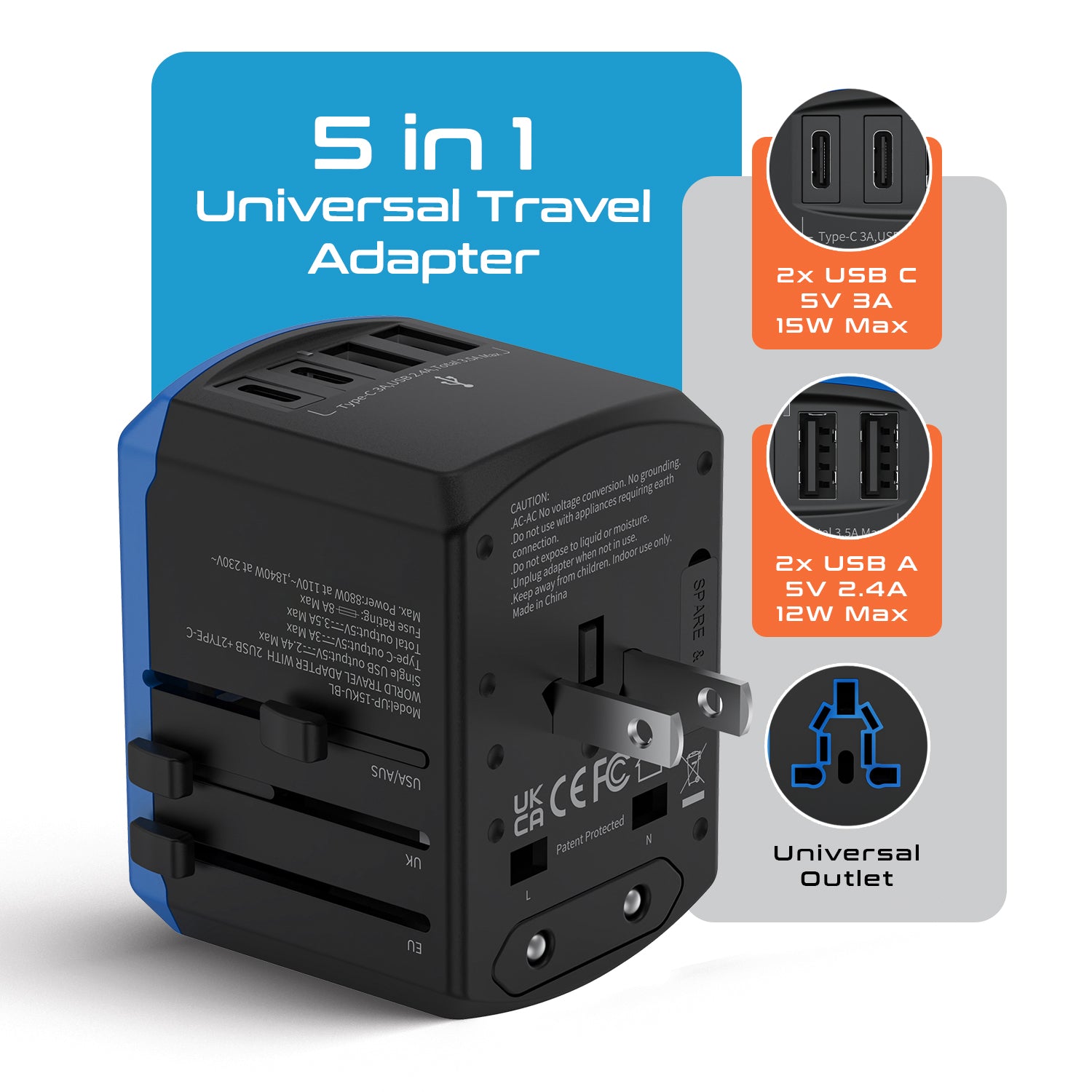 All-In-One International Travel Adapter - 5 in 1 - 2 USB-A & 2 USB-C -