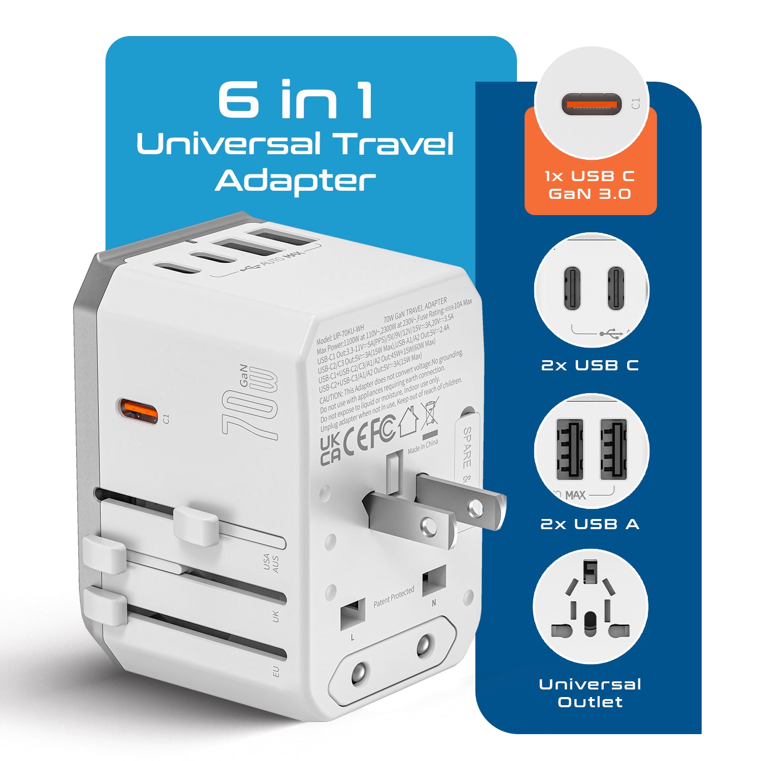70W 6 in 1 International Travel Plug Adapter - 2 USB-C + 1 GaN 3.0 USB