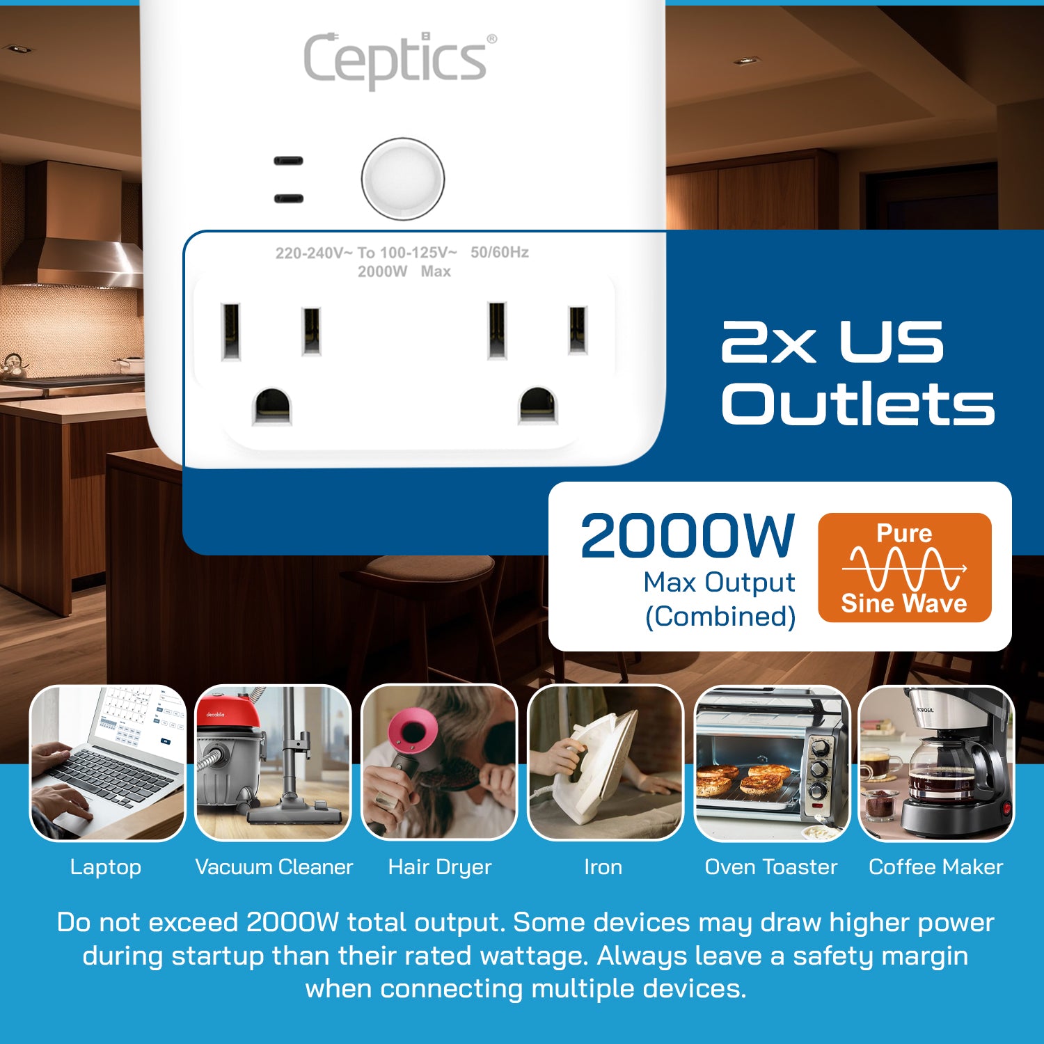 2000W Pure Sine Wave Step Down Converter – 2x 2000W, outlets & 2x USB-A + 2x USB-C – AC 220-240V to 110V-120V Travel Voltage Converter - (VC-S2000)