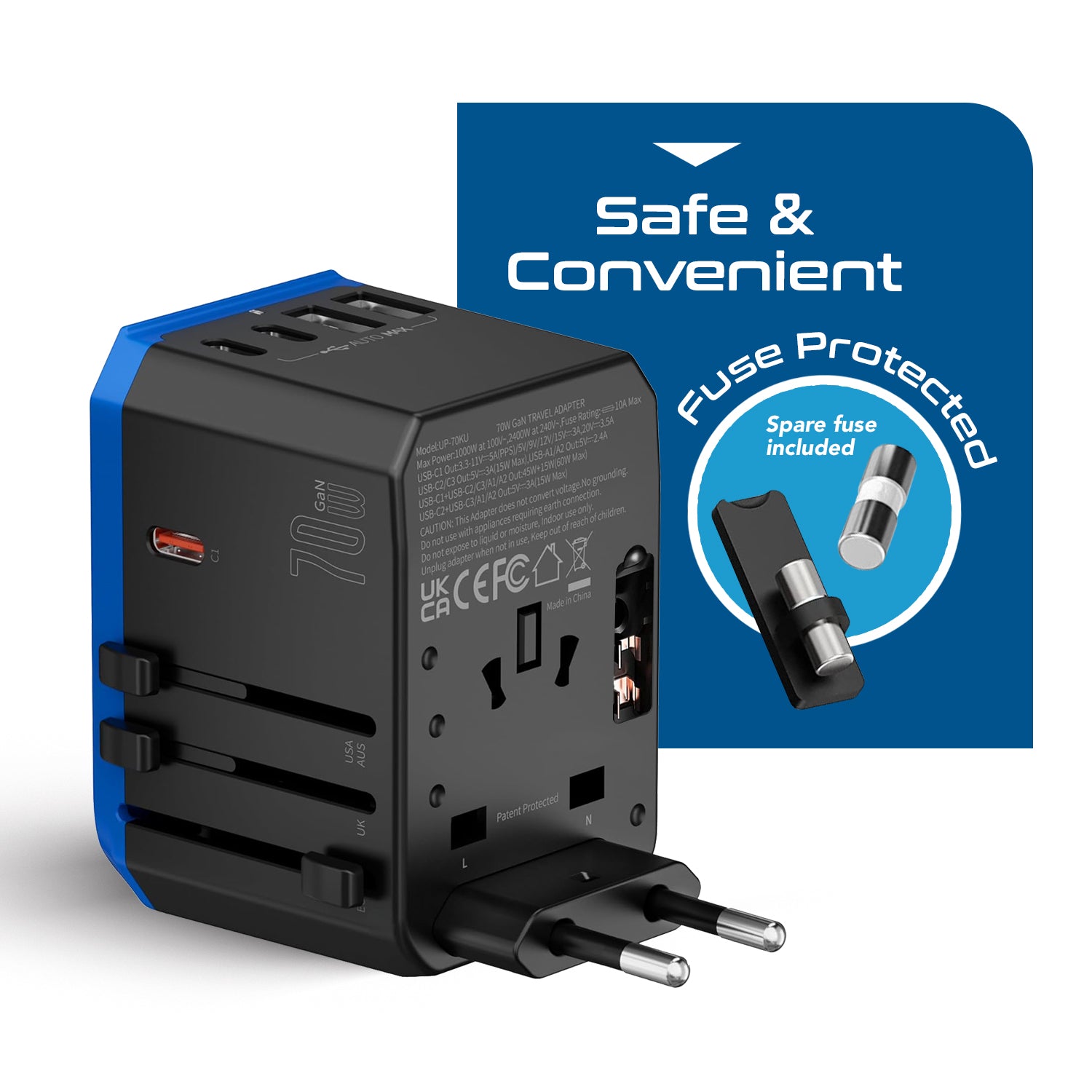 Universal Travel Adapter Plug - 3 USB-C w/ PD & QC + 2 USB-A (UP-70KU)
