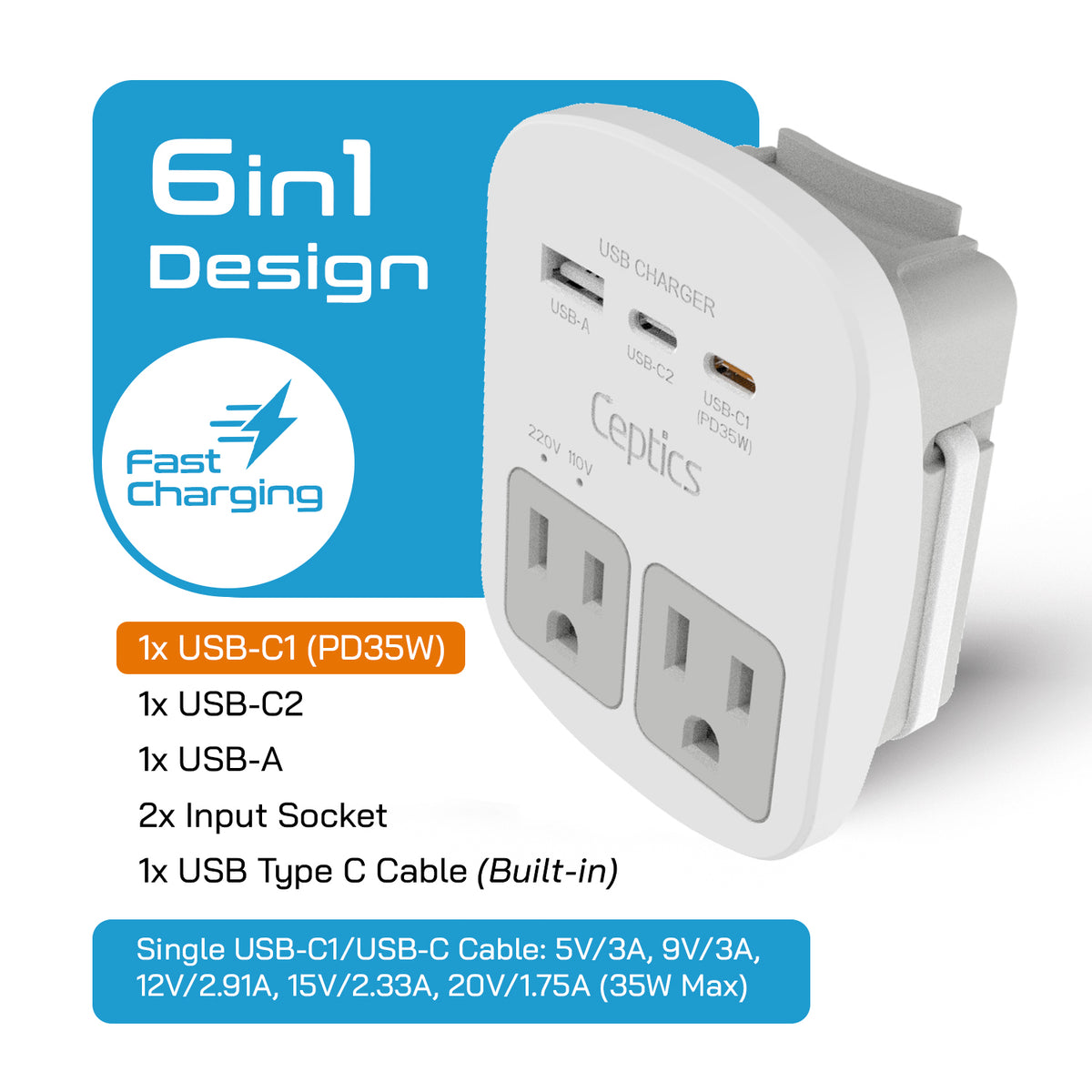 Way Adapter World-Way Travel Adapter Kit | 1 USB-A, 1 USB-C and 1 PD 35W USB-C por