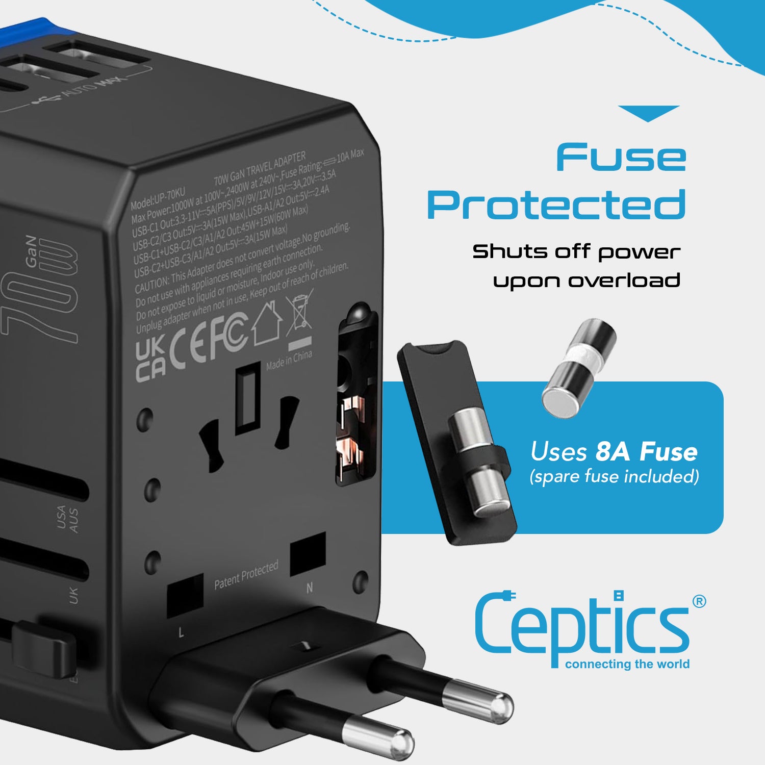 Universal Travel Adapter Plug - 3 USB-C w/ PD & QC + 2 USB-A (UP-70KU)