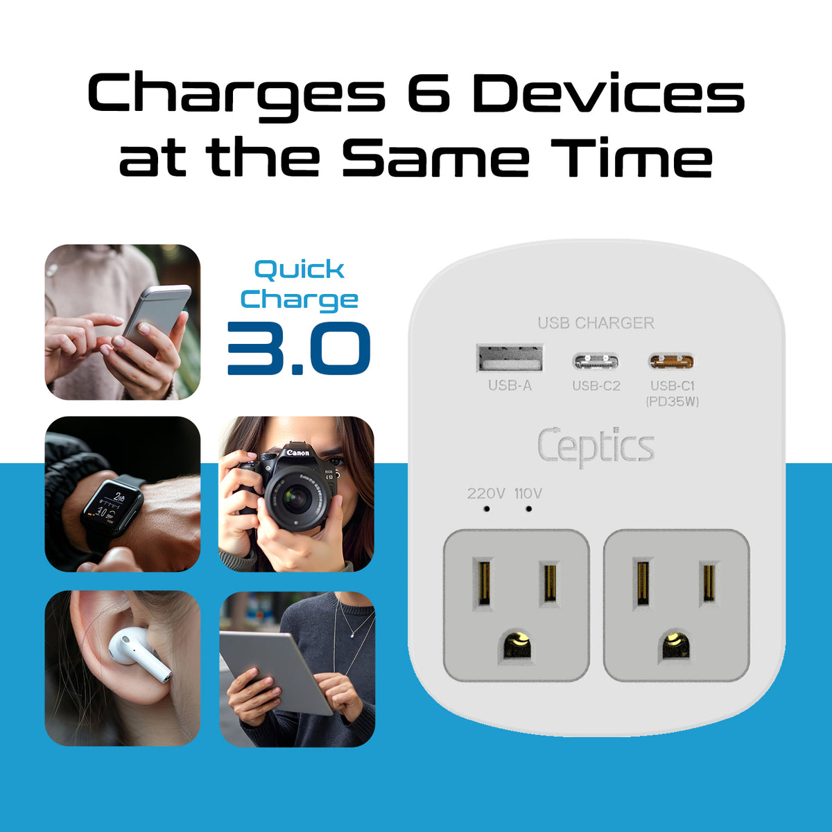 Way Adapter World-Way Travel Adapter Kit | 1 USB-A, 1 USB-C and 1 PD 35W USB-C por