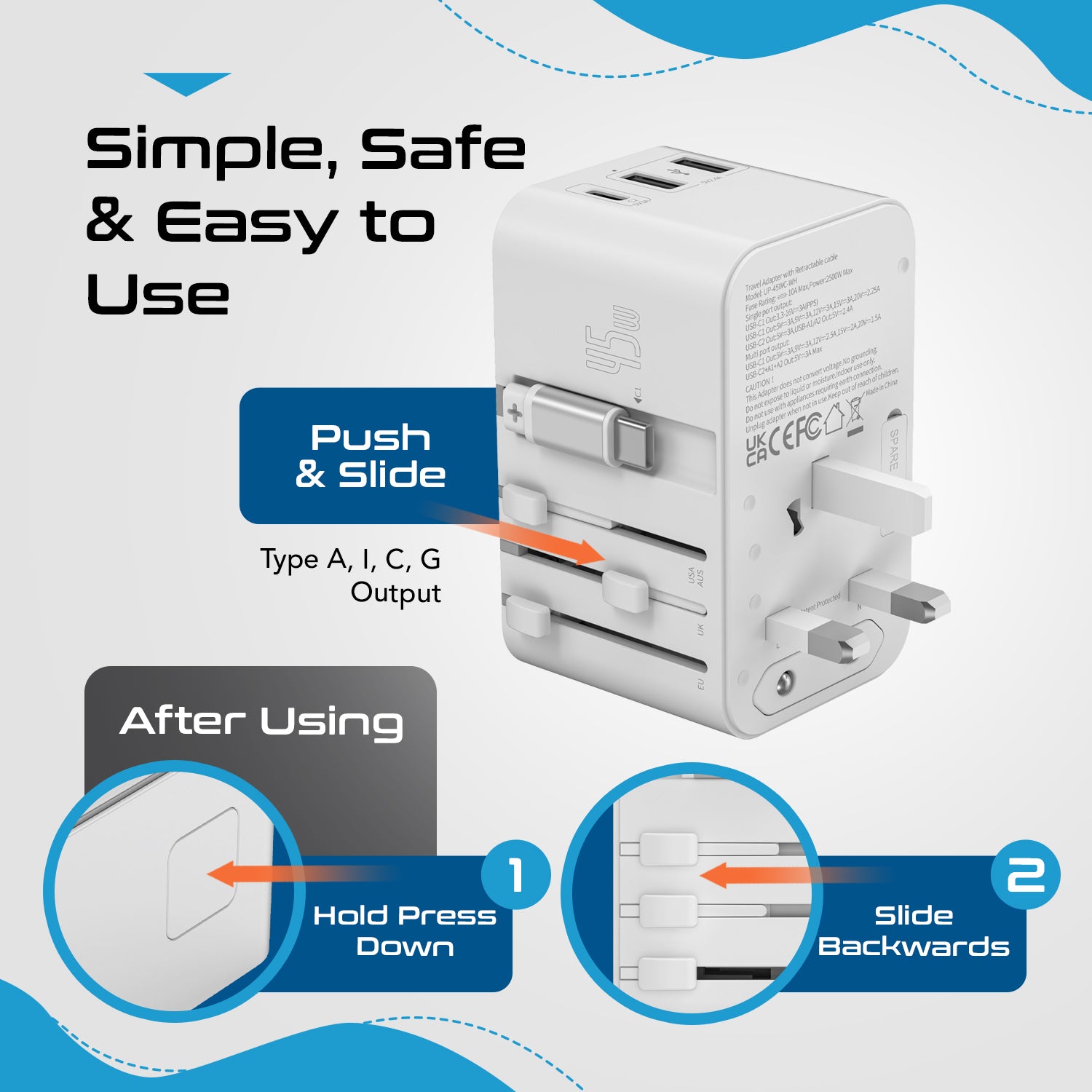 45W 5 in 1 Universal Travel Adapter - 2 USB-A + 1 retractable USB-C cable (PD 45W), & 1 USB-C - Max. 45W (9A) - White (UP-45WC-WH)
