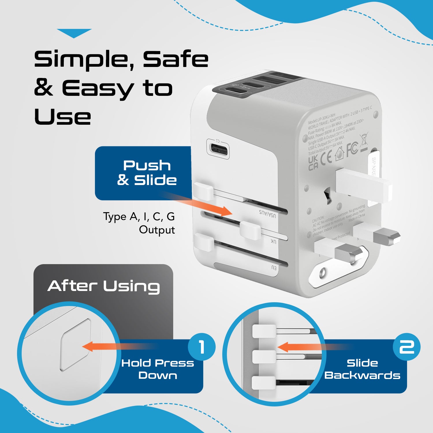 30W 6 in 1 Universal Travel Adapter - 2 USB-A + 3 USB-C - Max. 30W (6A