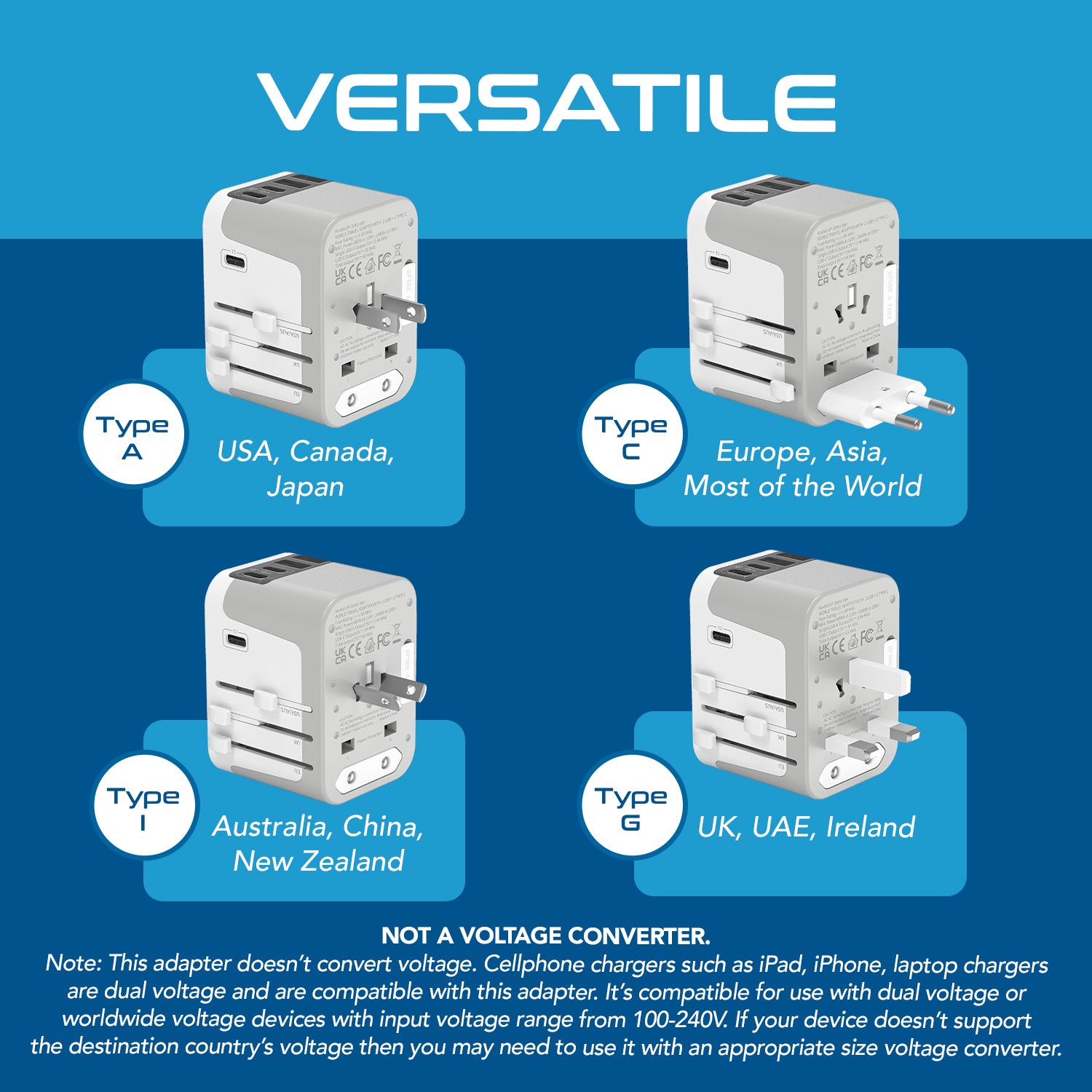30W 6 in 1 Universal Travel Adapter - 2 USB-A + 3 USB-C - Max. 30W (6A
