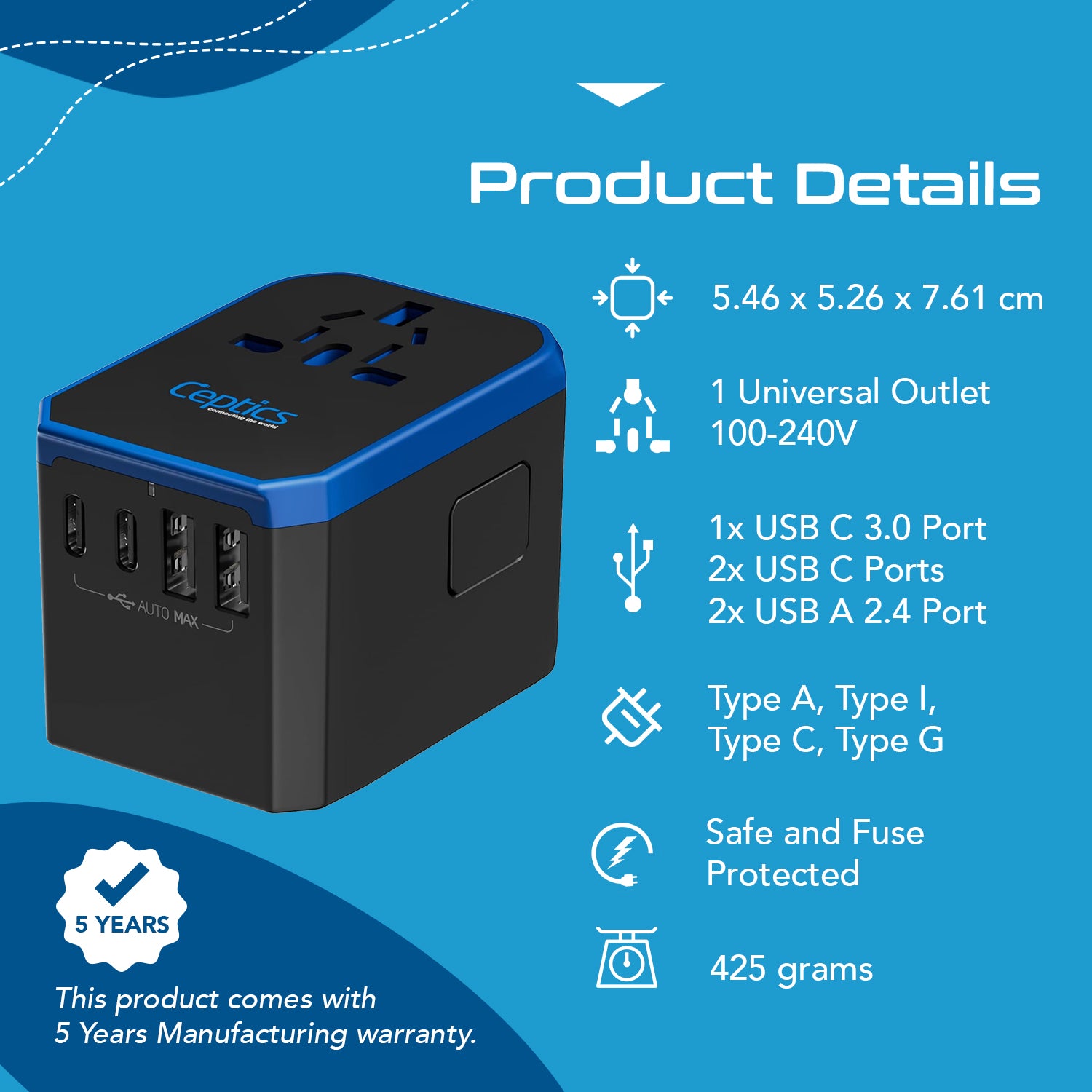 Universal Travel Adapter Plug - 3 USB-C w/ PD & QC + 2 USB-A