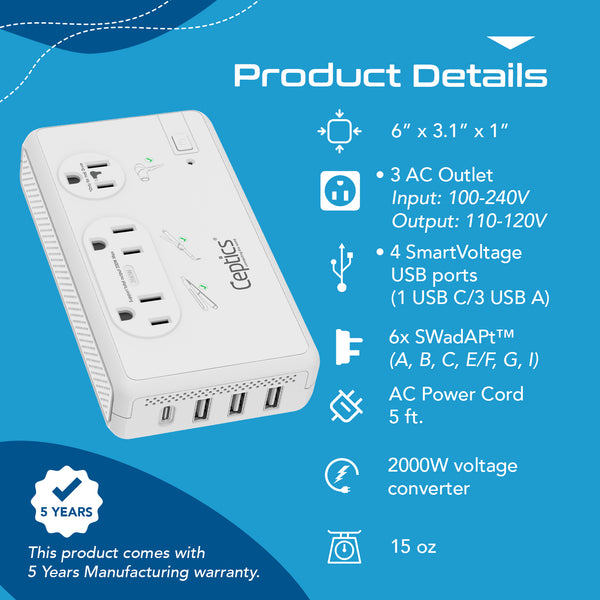 2000W Travel Voltage Converter - 2 USA outlets + Separate 2000W outlet for Hair dryers + 3 USB-A + 1 USB-C - 220V to 110V (LX-C2000)