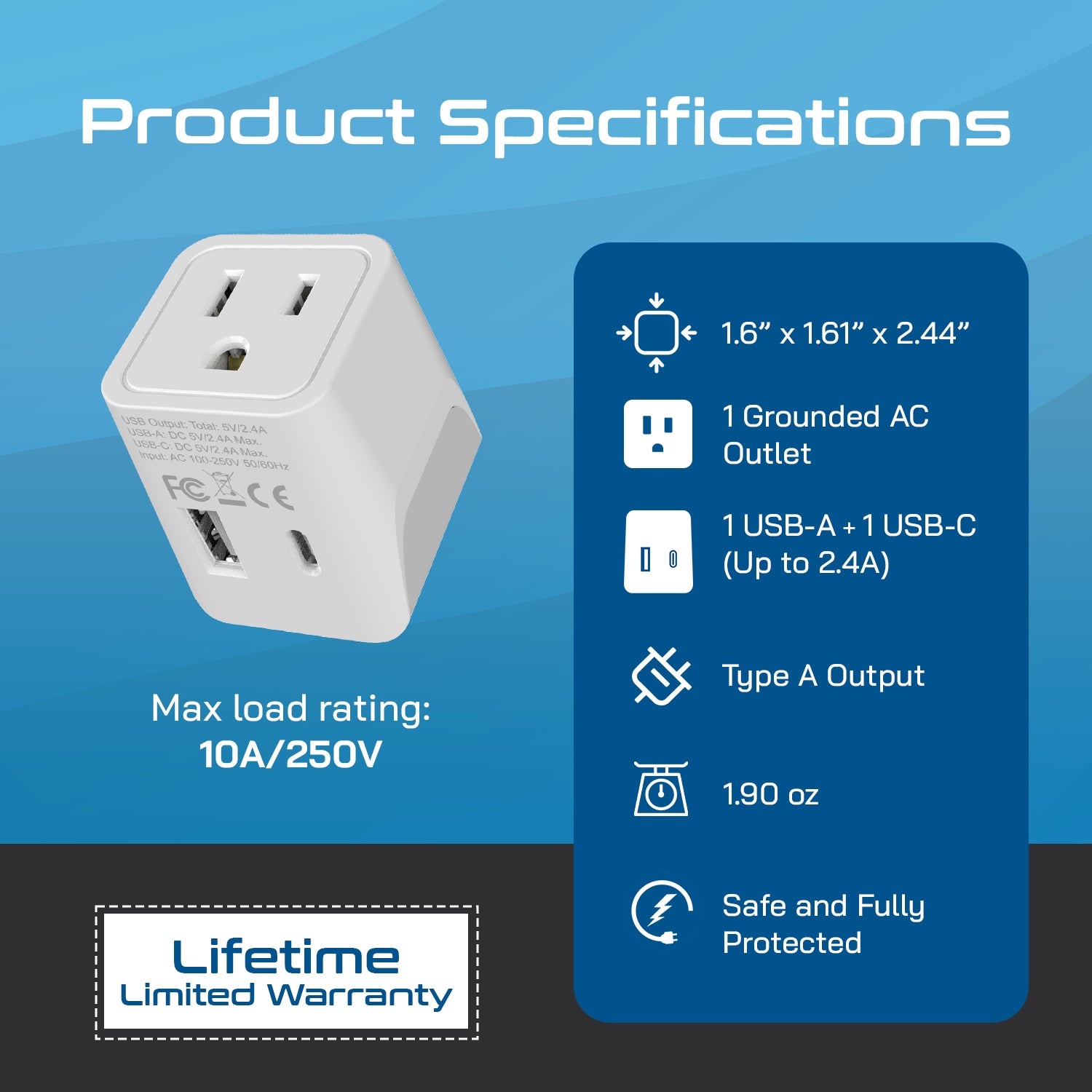 Japan, Philippines Travel Adapter - Type A - USB-A + USB-C (CTU-6)