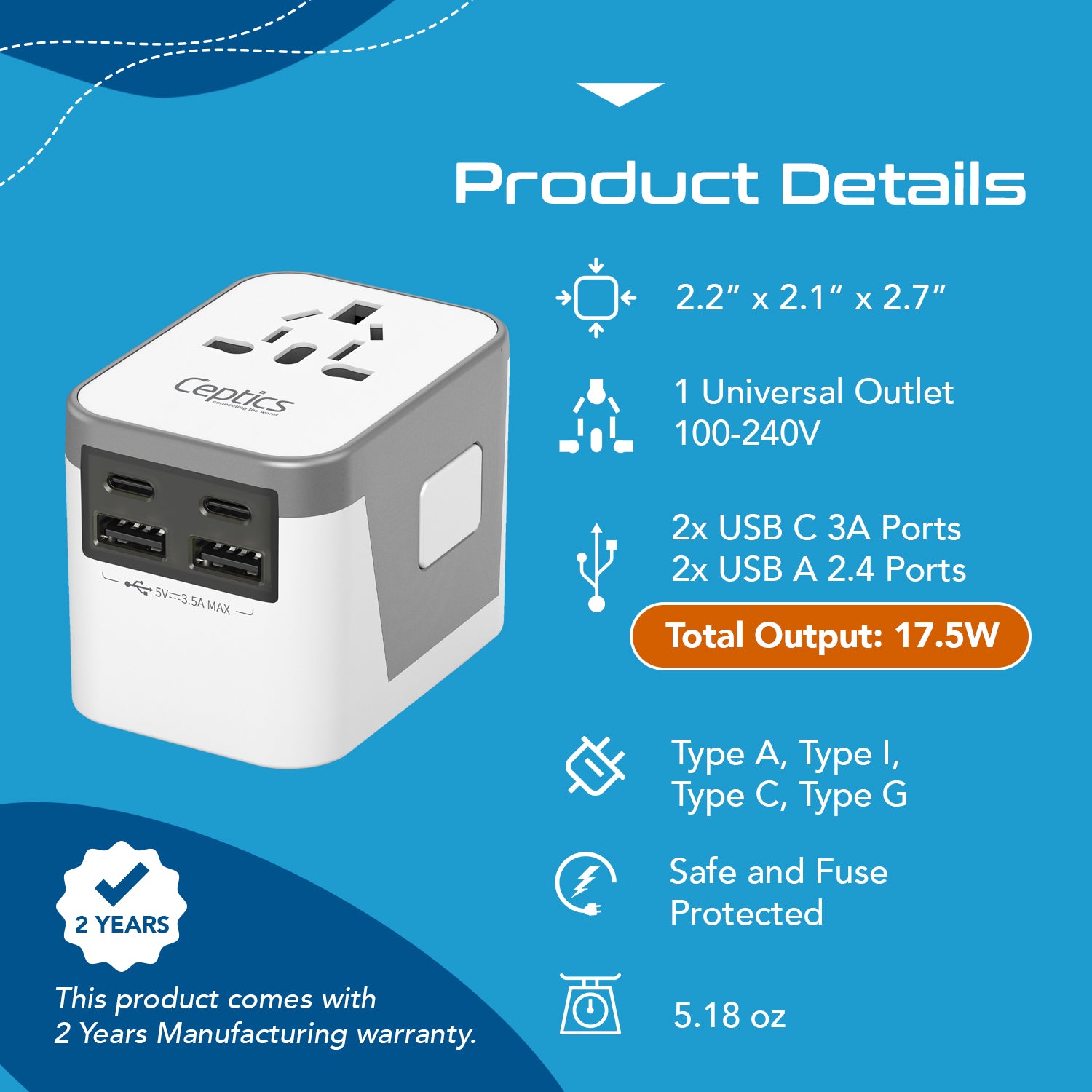5 in 1 Universal Travel Adapter - 2 USB-A + USB-C - Max. 17.5W (3.5A) - White (UP-9KU)