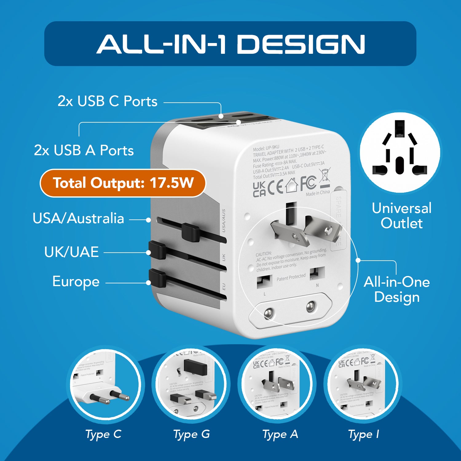 5 in 1 Universal Travel Adapter - 2 USB-A + USB-C - Max. 17.5W (3.5A) - White (UP-9KU)