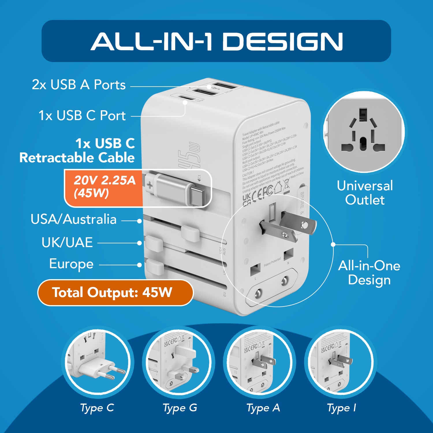 45W 5 in 1 Universal Travel Adapter - 2 USB-A + 1 retractable USB-C cable (PD 45W), & 1 USB-C - Max. 45W (9A) - White (UP-45WC-WH)