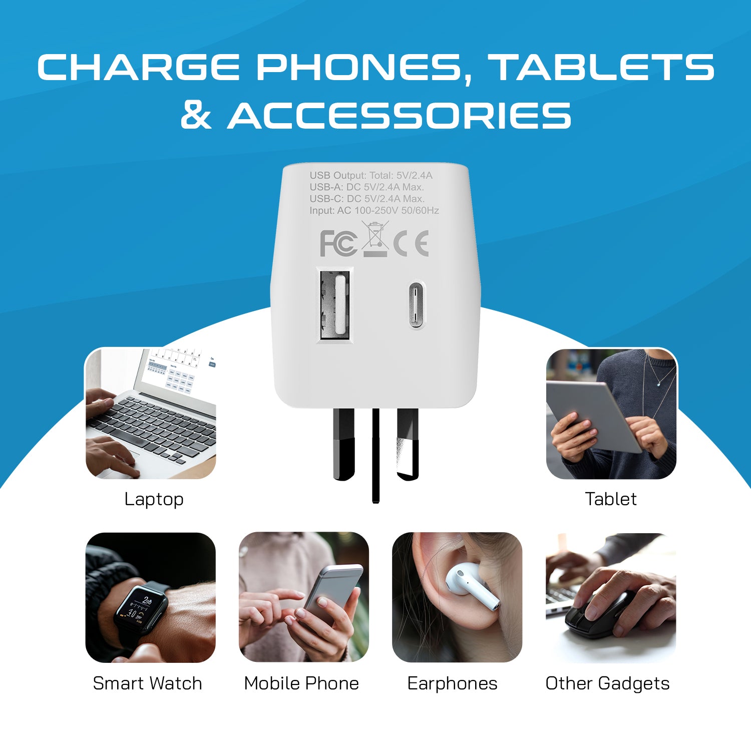 Australia, China Travel Adapter - Type I - USB A + USB C (CTU-16)