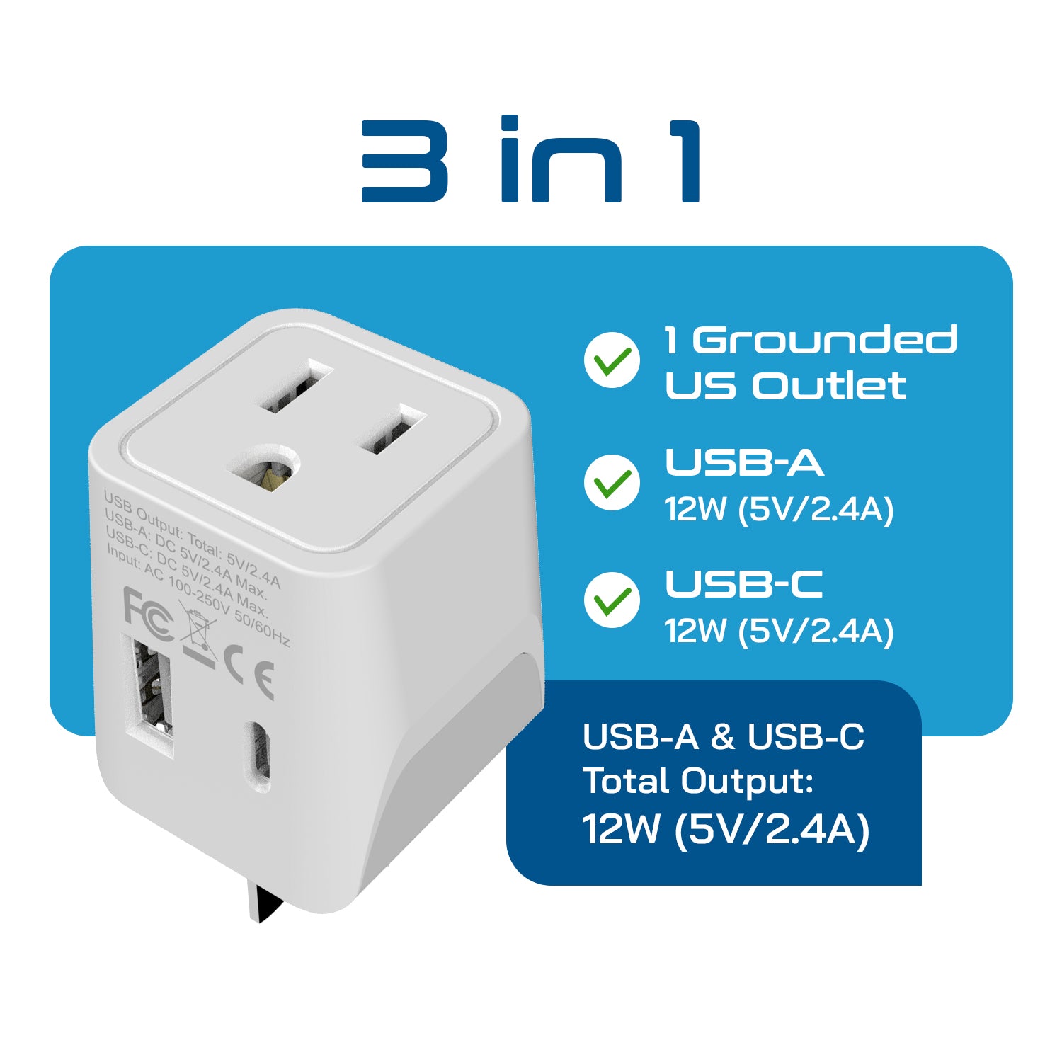 Australia, China Travel Adapter - Type I - USB A + USB C (CTU-16)