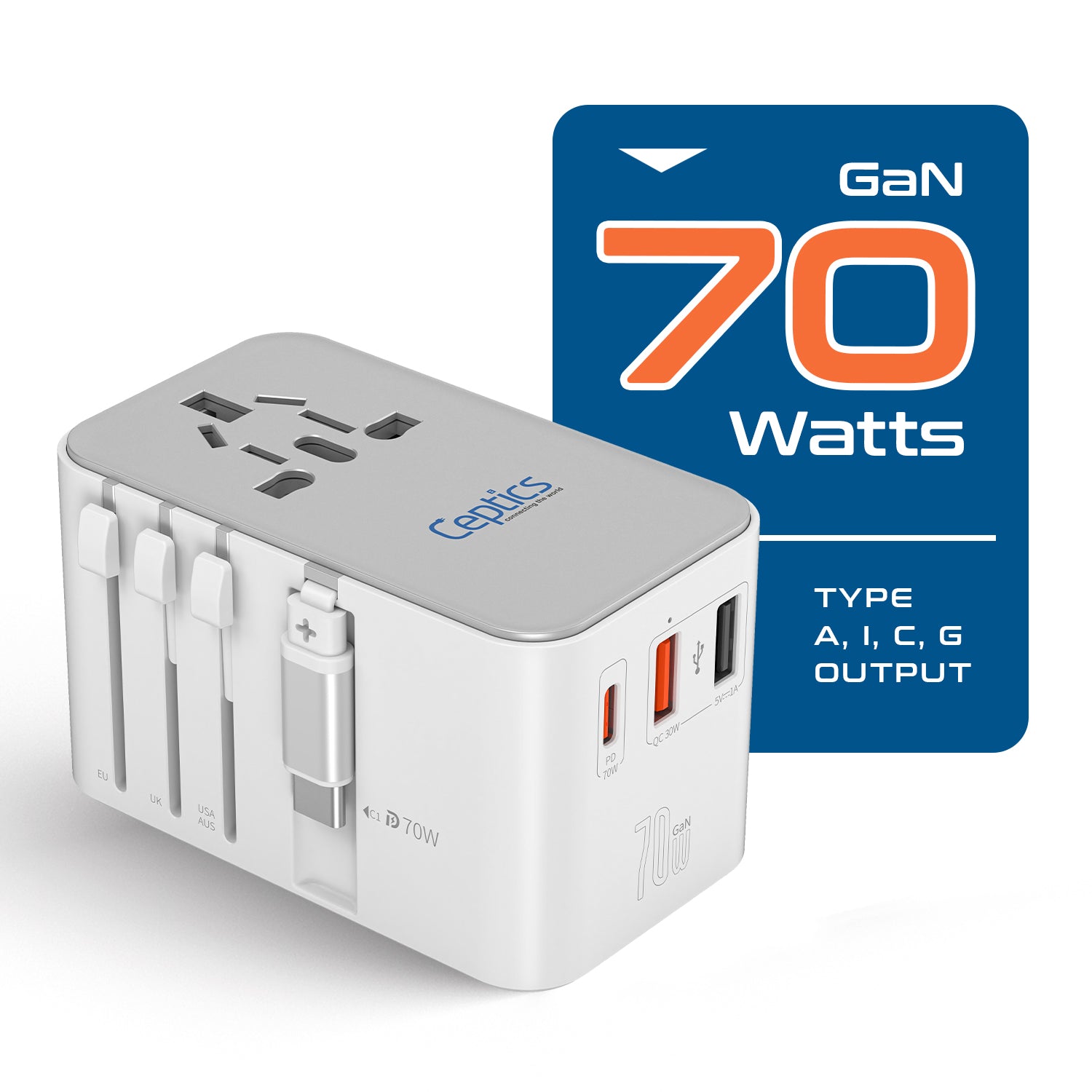 70W Universal Travel Adapter - 2 USB-C + 1 GaN 3.0 retractable cable,