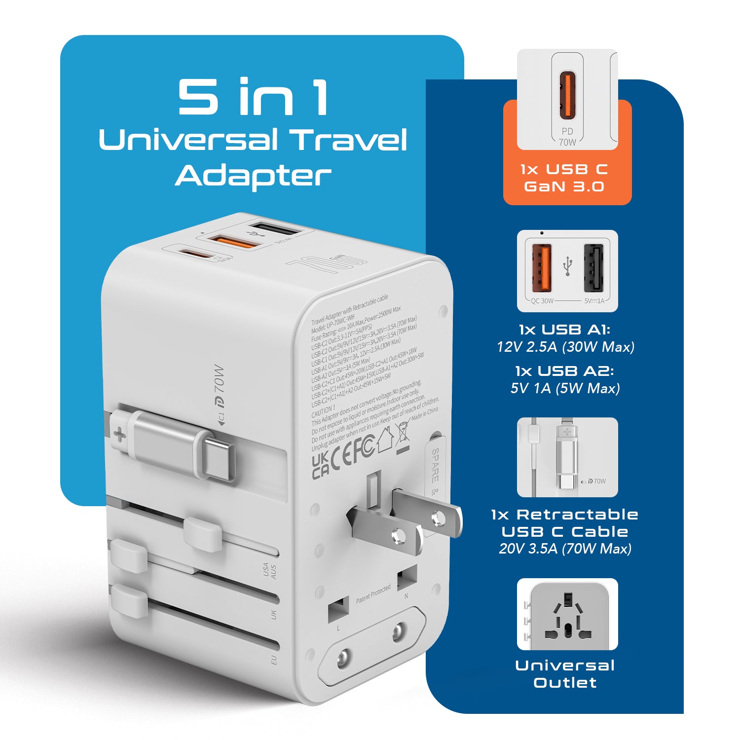 70W Universal Travel Adapter - 2 USB-A + 1 GaN 3.0 retractable USB-C c