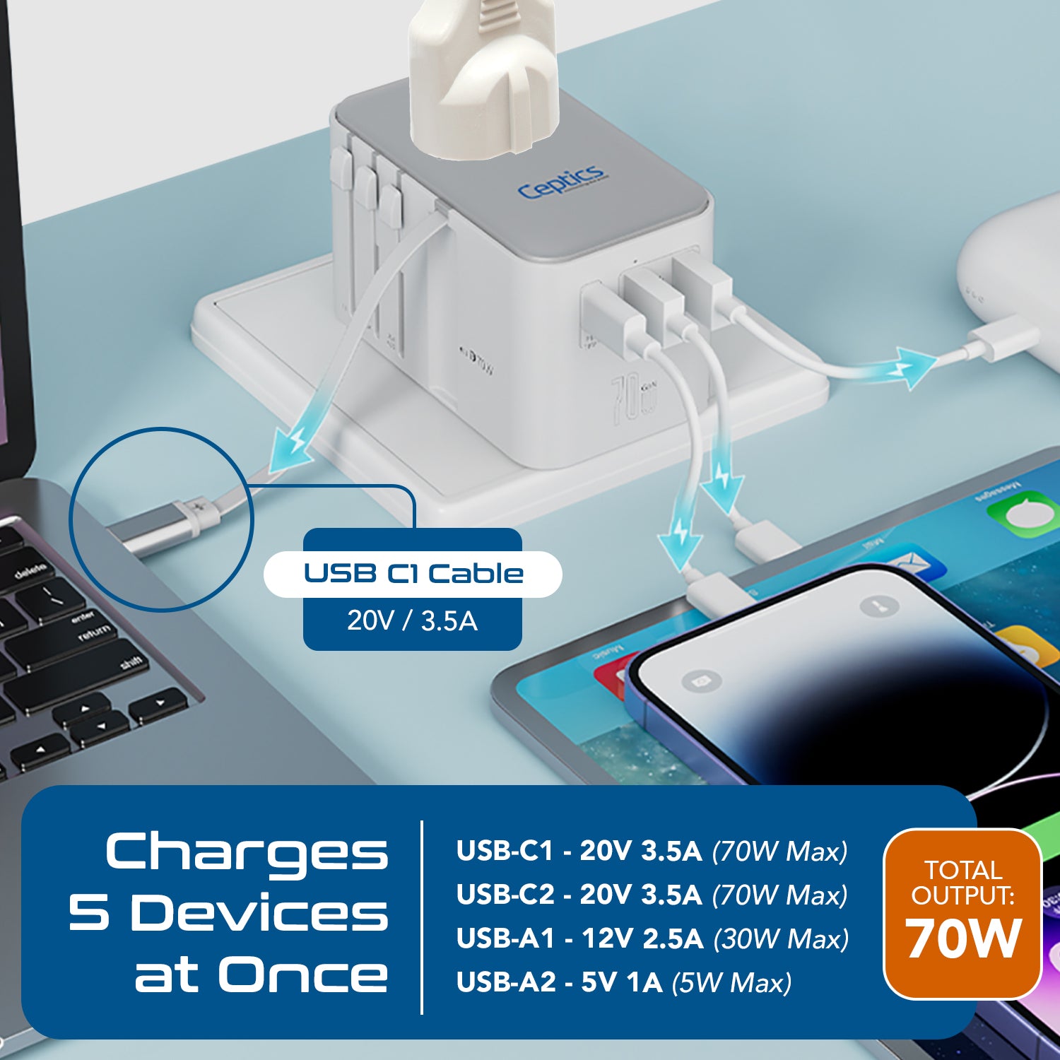 70W Universal Travel Adapter - 2 USB-C + 1 GaN 3.0 retractable cable, USB-C & 1 USB-C - (UP-70WC-WH)