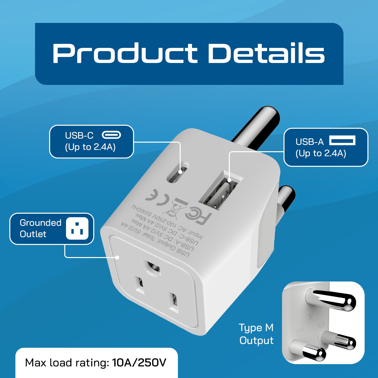 South Africa Adapter Plug Combo Type M, G | Dual USB - African Combo (CTU-7-10L)
