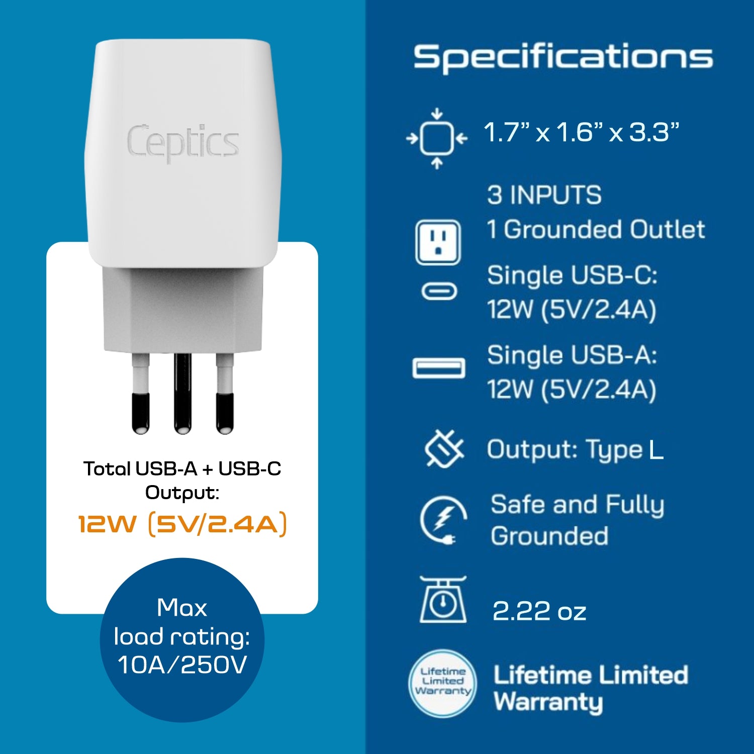 Italy Travel Adapter - Type L - Dual USB (CTU-12A)
