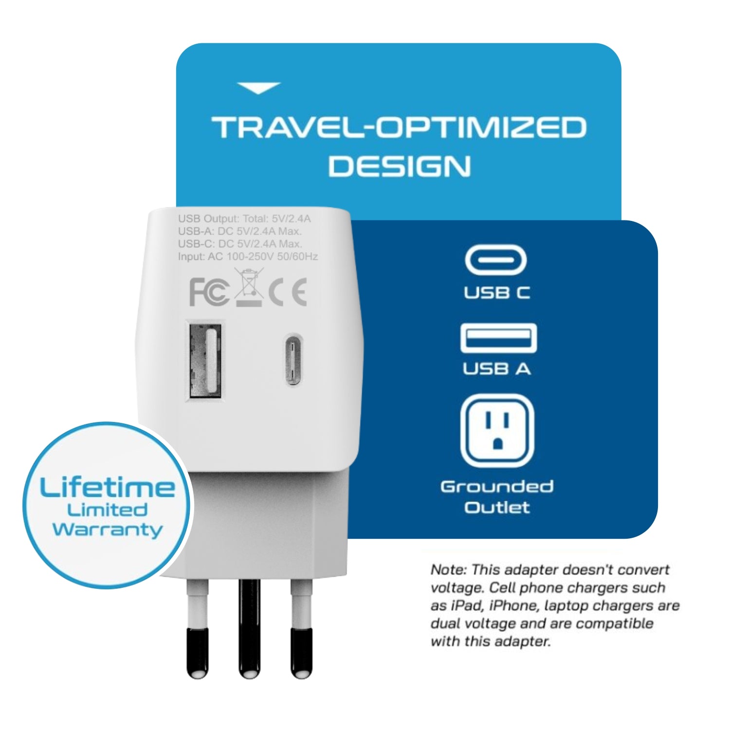 Italy Travel Adapter - Type L - Dual USB (CTU-12A)