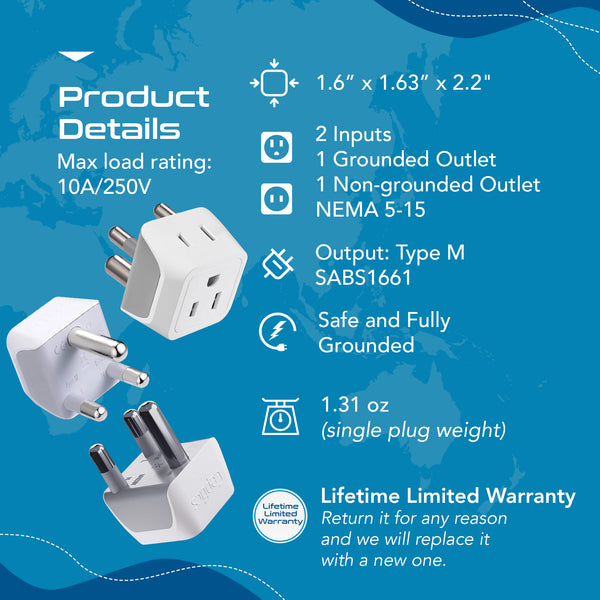 South Africa Travel Adapter - Type M - Ultra Compact (CT-10L, 3 Pack)