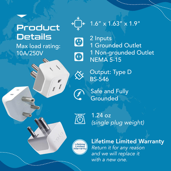 India Travel Adapter - Type D - Ultra Compact (CT-10, 3 Pack)