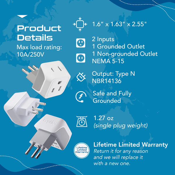 Brazil Travel Adapter - Type N - Ultra Compact (CT-11C, 3 Pack)