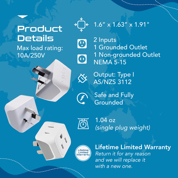 Australia, China Travel Adapter - Type I - Ultra Compact (CT-16, 3 Pack)