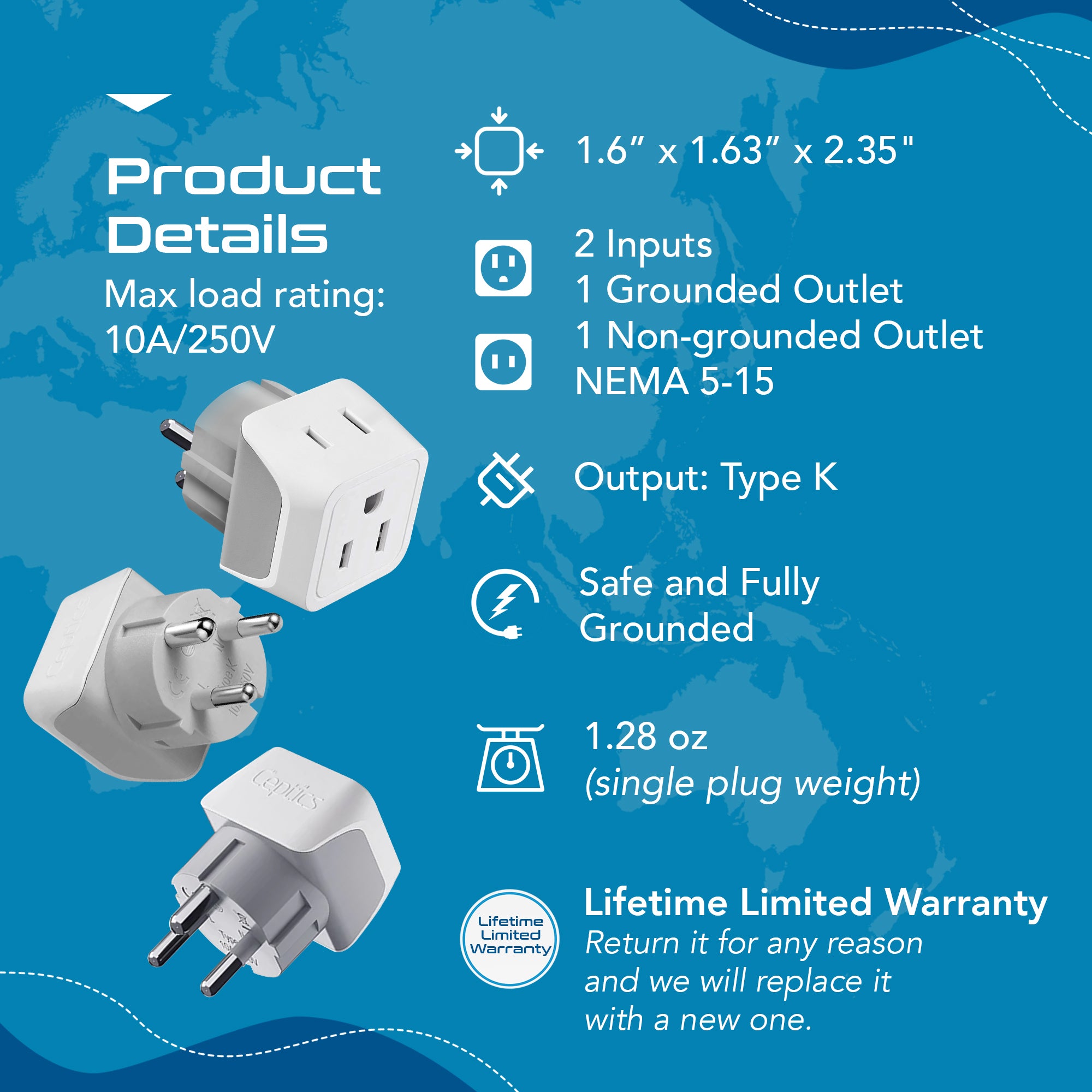 Denmark Travel Adapter - Type K - Ultra Compact (CT-20 ,3 PACK)