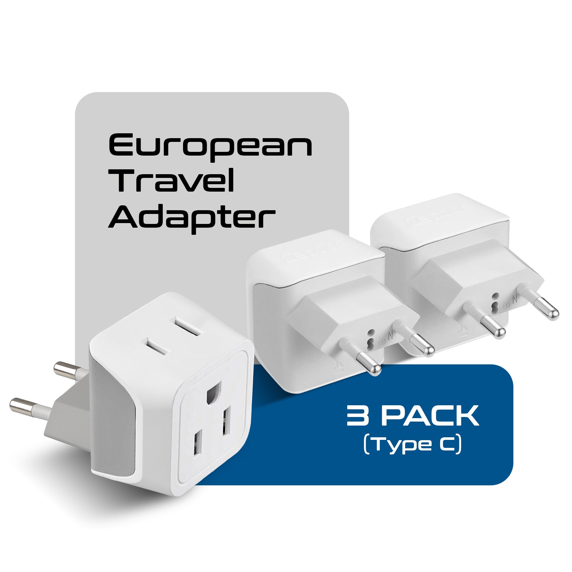 European Travel Adapter - Type C - Ultra Compact (CT-9C, 3 Pack)
