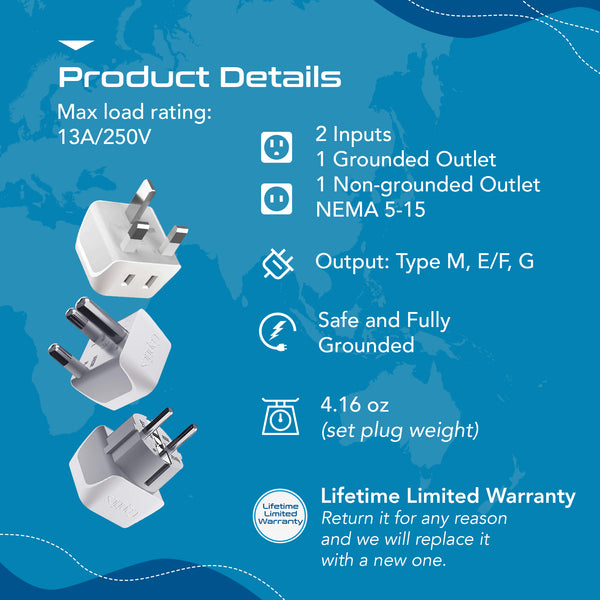 African Travel Adapter Set - Type M, G, E/F - 3pcs (CT-AF-SET)