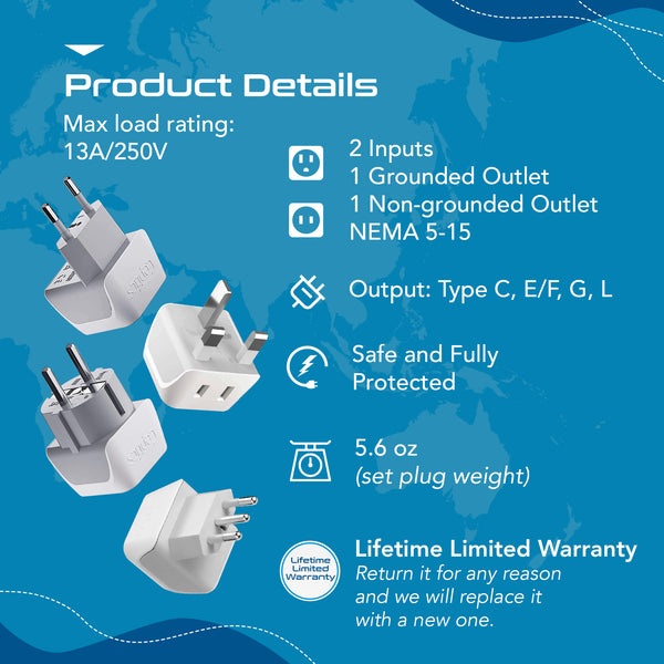 European Travel Adapter Set - Type C, E/F, G, L - 4pcs (CT-EU-4SET)