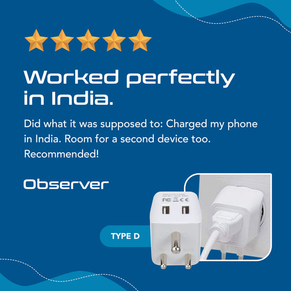 India Travel Adapter - Type D - Dual USB (CTU-10)