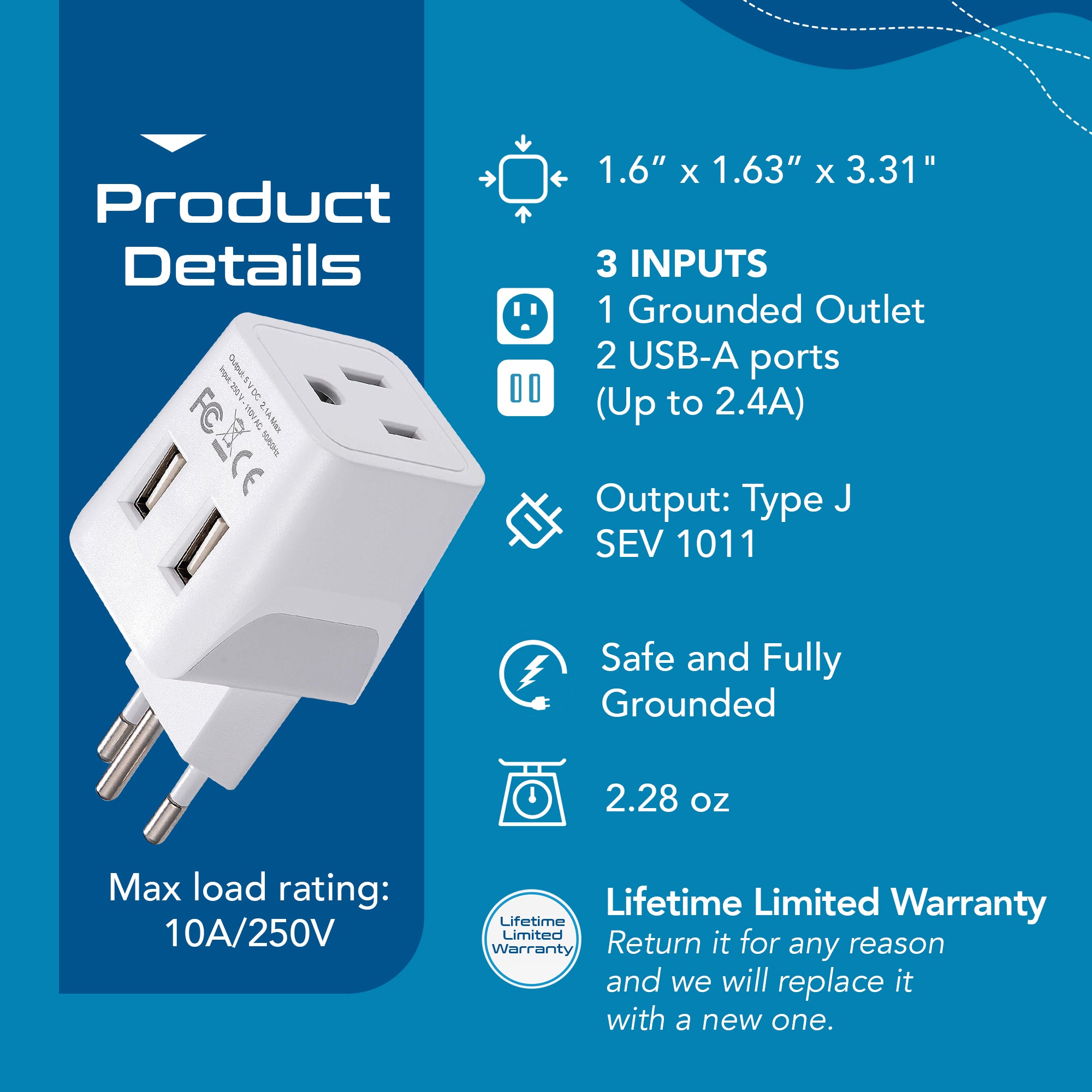 Switzerland Travel Adapter - Type J - Dual USB (CTU-11A)