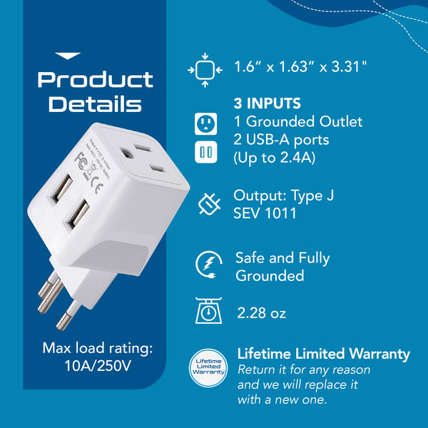 Switzerland Travel Adapter - Type J - Dual USB (CTU-11A)