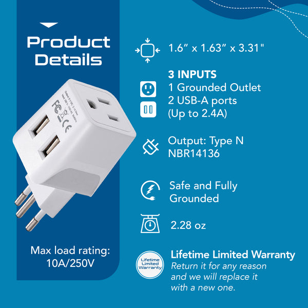 Brazil Travel Adapter - Type N - Dual USB (CTU-11C)