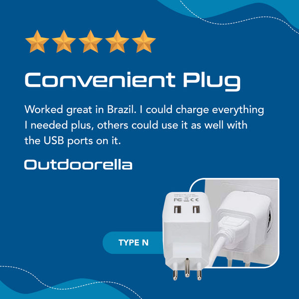 Brazil Travel Adapter - Type N - Dual USB (CTU-11C)
