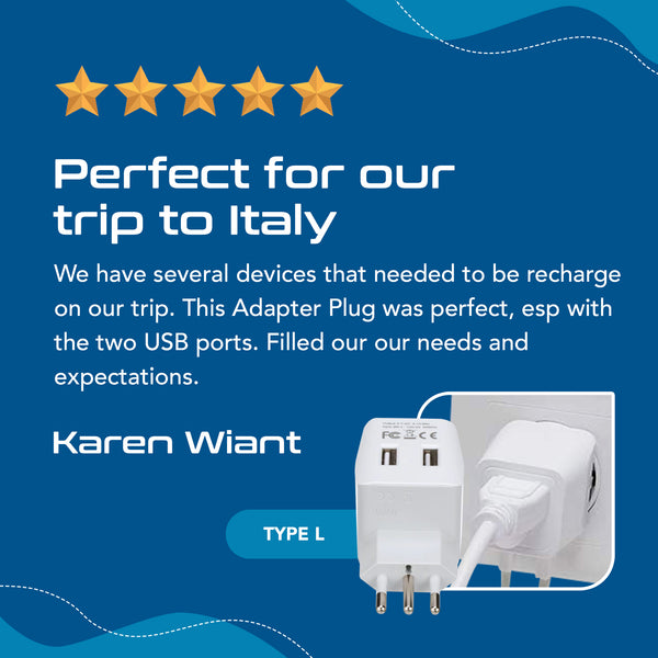 Italy Travel Adapter - Type L - Dual USB (CTU-12A)