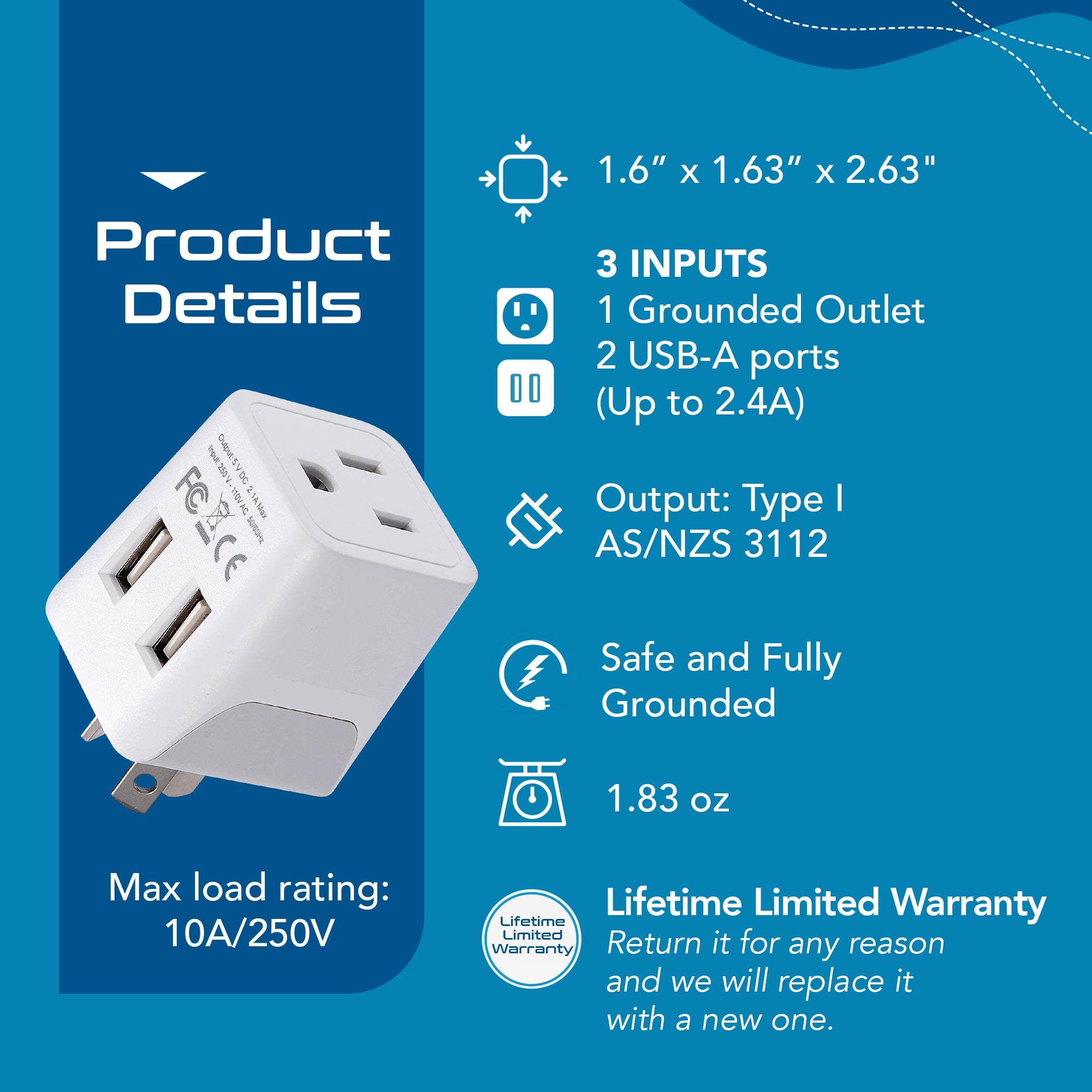 Australia, China Travel Adapter Plug with Dual USB - Type I - 2 Pack (CTU-16)