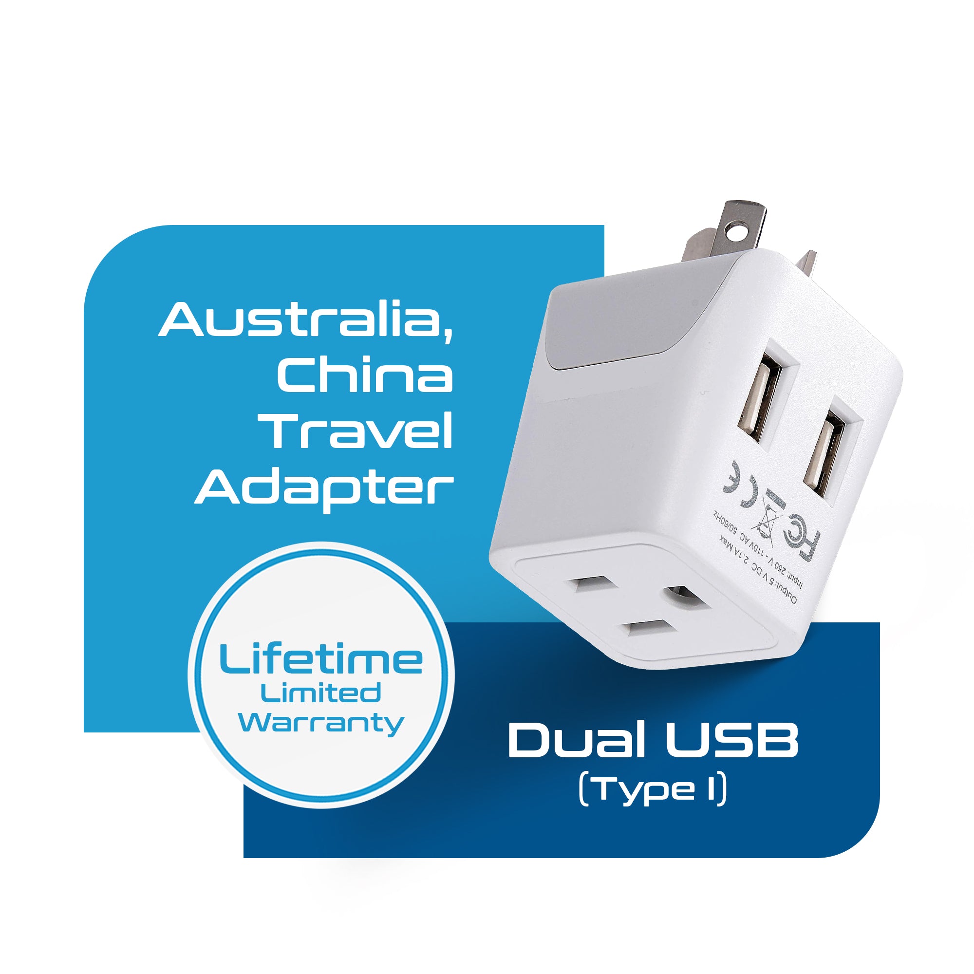 Australia, China Travel Adapter Plug with Dual USB - Type I - 2 Pack (CTU-16)