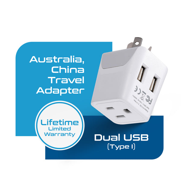 Australia, China Travel Adapter - Type I - Dual USB (CTU-16)