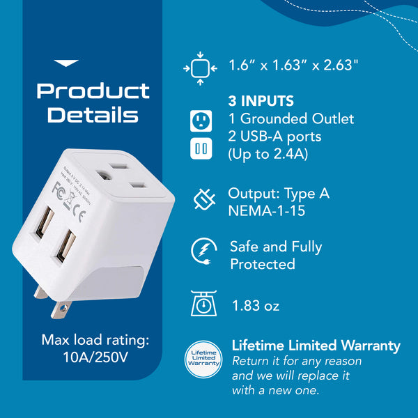 Japan, Philippines Travel Adapter - Type A - Dual USB (CTU-6)