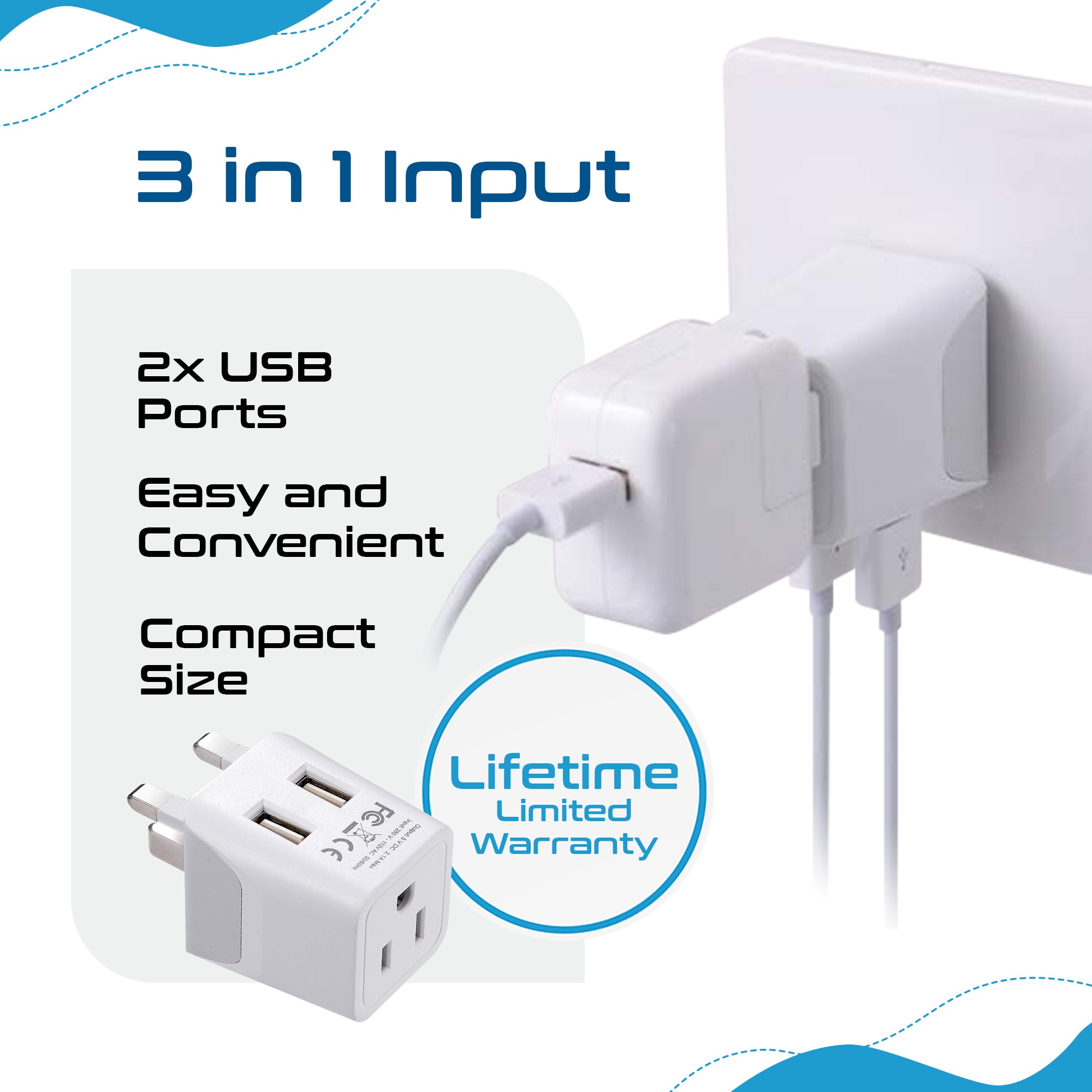 UK, England Travel Adapter Plug with Dual USB - Type G - 2 Pack (CTU-7)