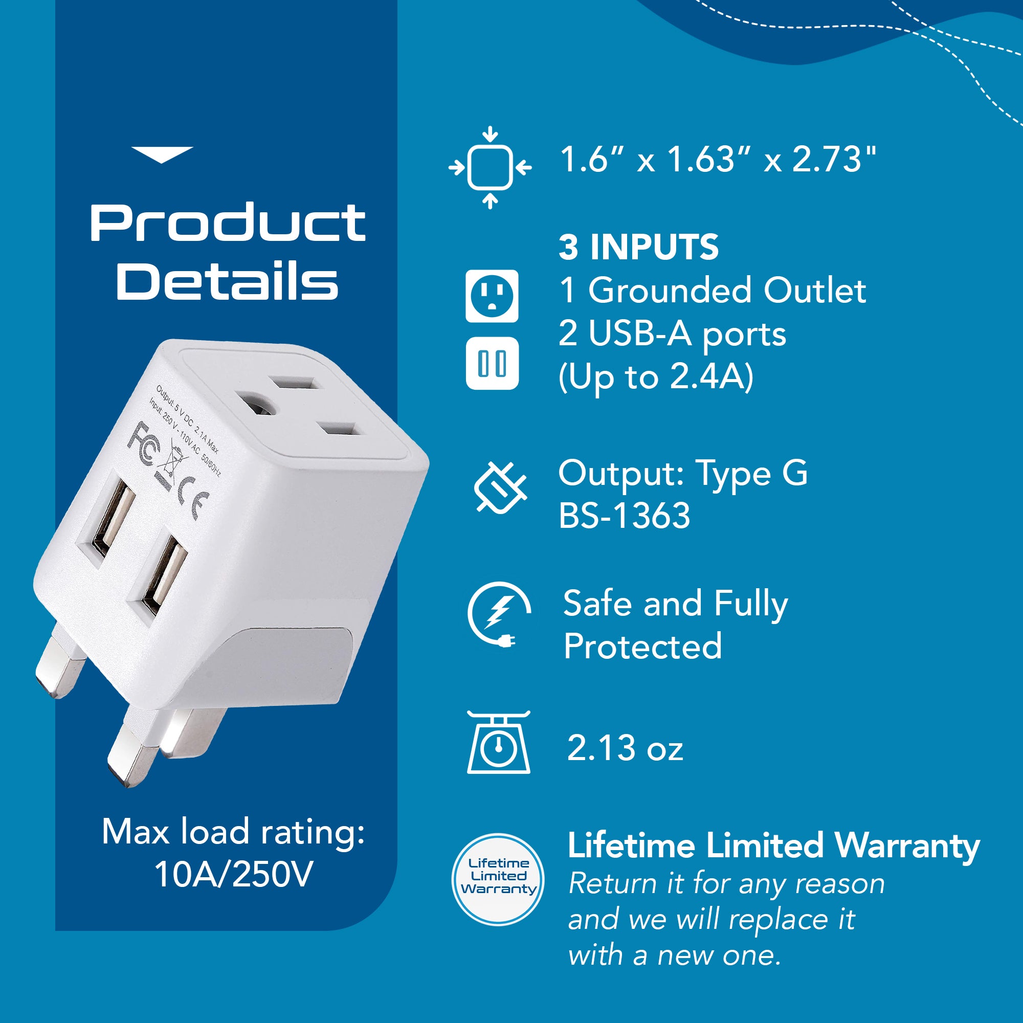 UK, England Travel Adapter Plug with Dual USB - Type G - 2 Pack (CTU-7)