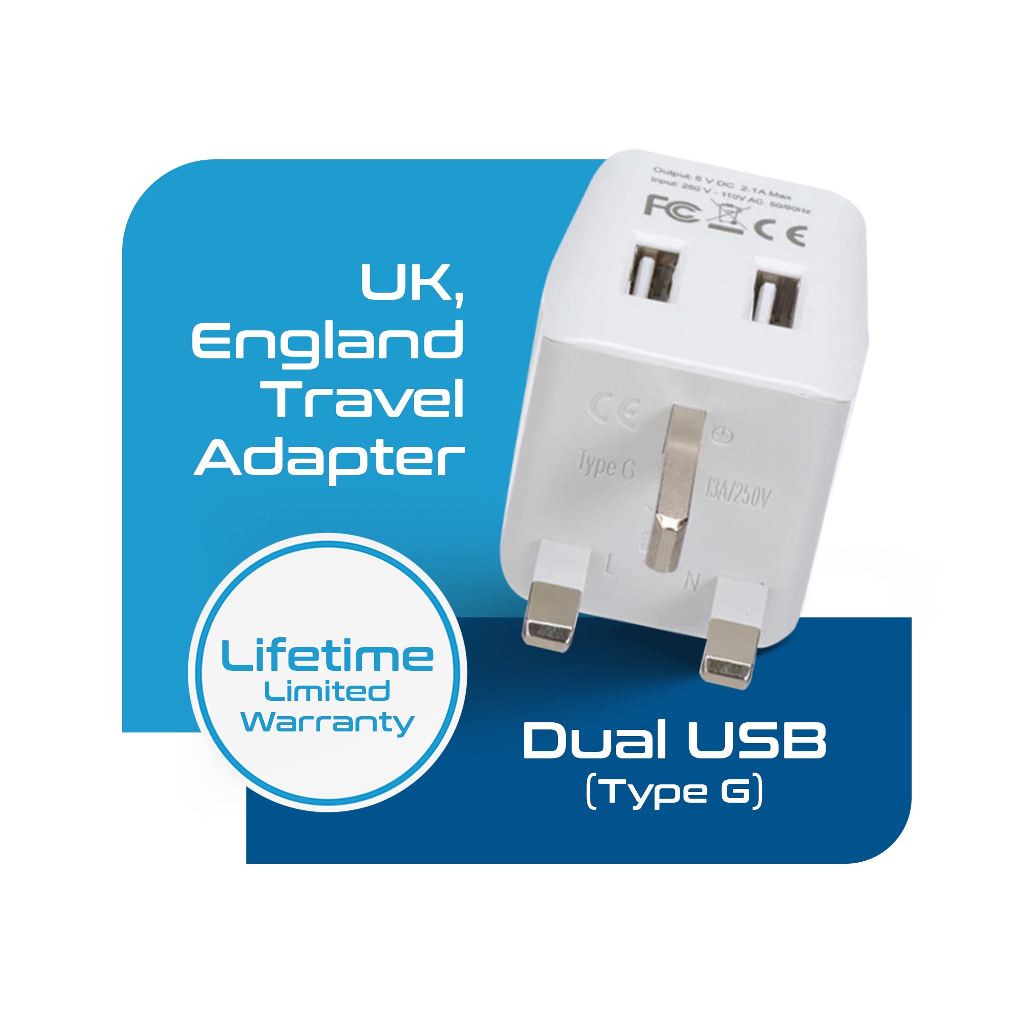 UK, England Travel Adapter Plug with Dual USB - Type G - 2 Pack (CTU-7)