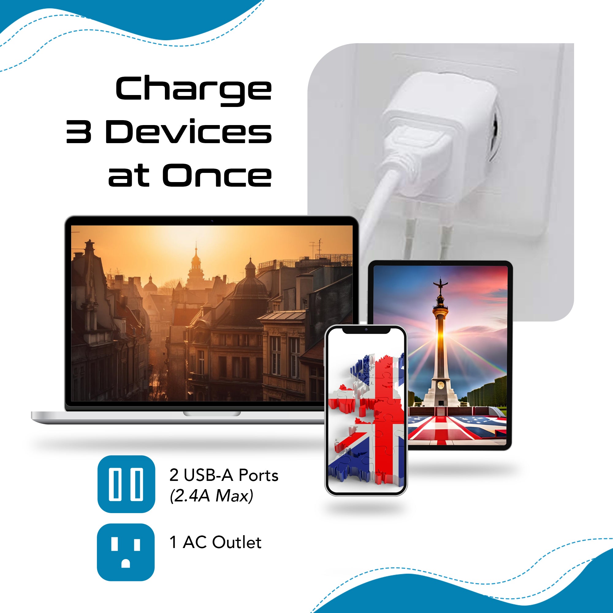 UK, England Travel Adapter Plug with Dual USB - Type G - 2 Pack (CTU-7)